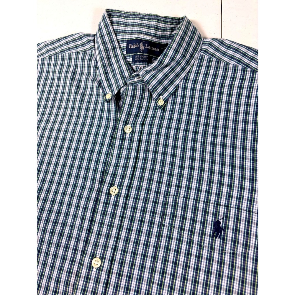 Vintage Ralph Lauren Big Shirt Mens XL Blue Plaid Cotton Long Sleeve Button Down